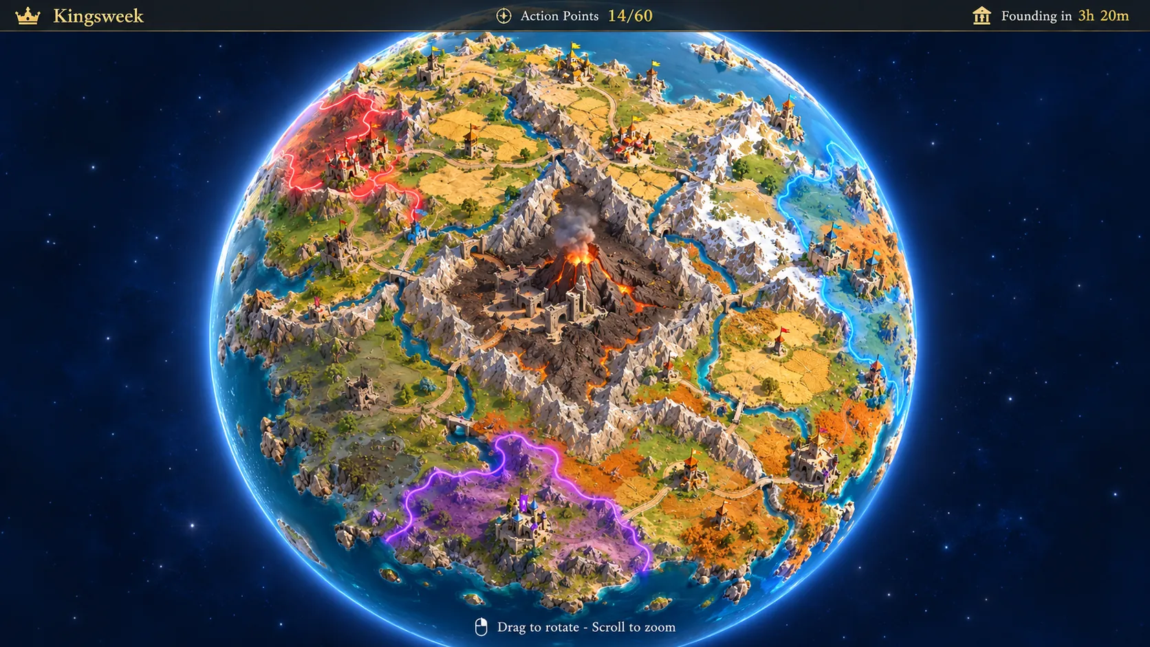 The Kingsweek globe seen from space: three realms glow red, blue and violet across a hand-painted world