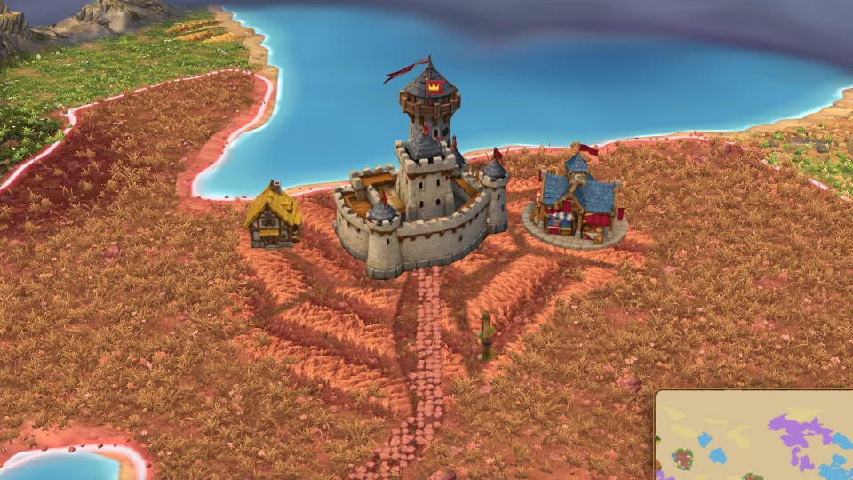 A house and a market beside the fortress on a player's land