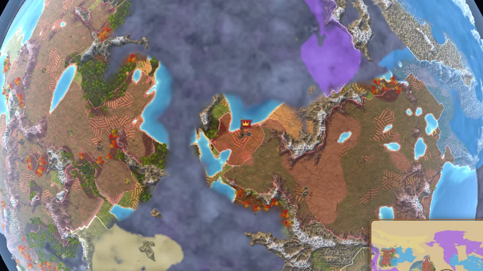 The globe from far away: most of it under grey fog, enemy realms glowing through it