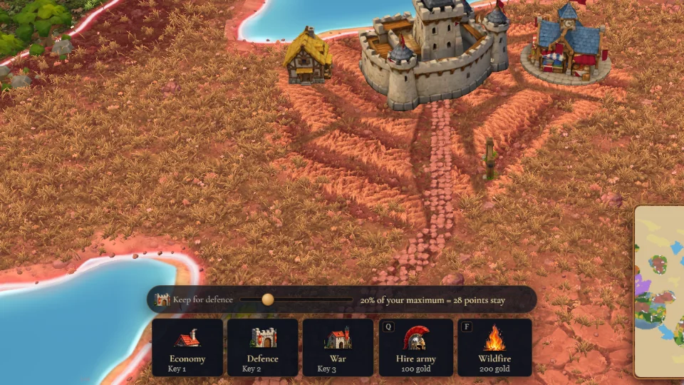 The bottom of the game screen with the slider Keep for defence and the tiles of the build menu