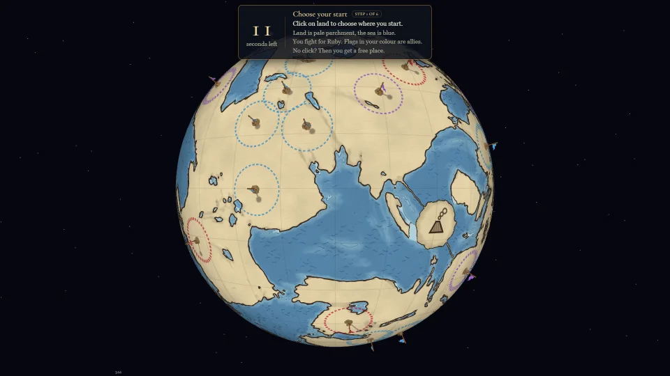 Start pick: a parchment map sketch of the globe with flags of the three realms and a timer