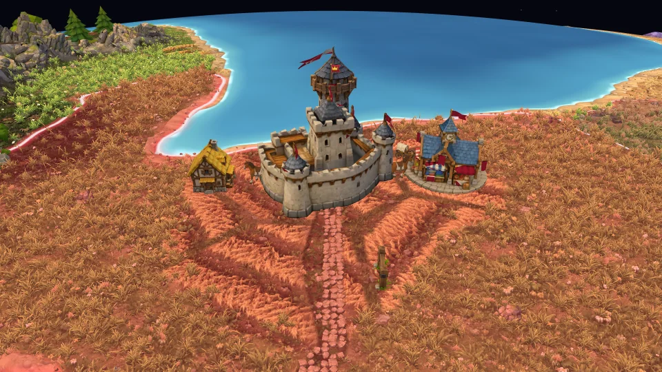 The world up close: a fortress with its red banner, a house and a market beside it, wheat fields, a lake and woods on the coast